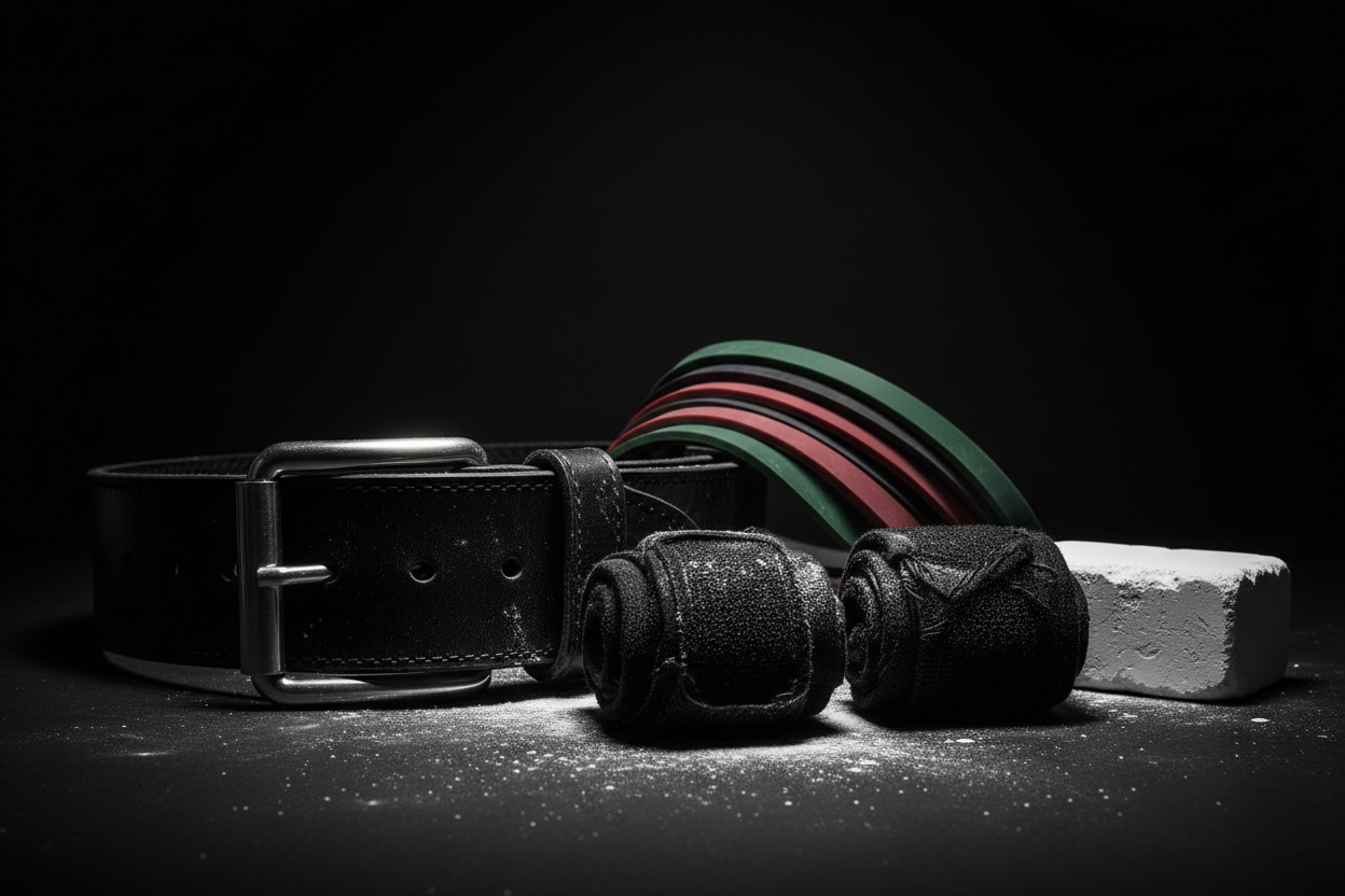 weightlifting belt, wrist wraps, bands, chalk, dark theme